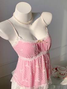 Comfortcana 女士时尚性感Y2K蕾丝边蝴蝶吊带背心，新年新款 - 粉色 - 查看 1