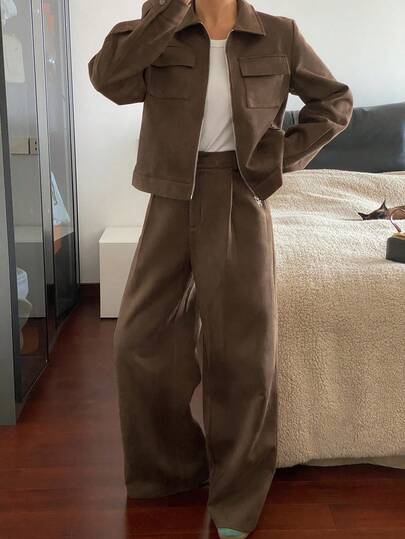 DAZY 2件套铆钉装饰绒面革女士套装，秋冬女士休闲套装