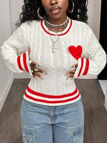 BamGleam Áo len nữ tay dài màu trắng kẻ sọc đỏ cổ tròn in hình trái tim đỏ, thích hợp cho đêm giao thừa, kiểu dáng thường ngày, phù hợp cho các cặp đôi dự tiệc. - trắng - Xem 4