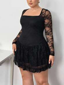 Truni Plus Size Women's Sheer Lace Long Sleeve Mini Dress, Lace Peplum Hem Mini Dress, Square Neck Detail Dress/Autumn /Winter - Black - View 10