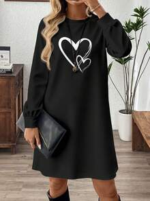 EMERY ROSE 休闲复古优雅通勤百搭暖心印花图案，舒适宽松长袖插肩袖黑色迷你连衣裙，适合秋冬季穿着。 - 白色 - 查看 4