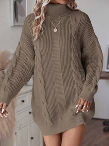 SHEIN LUNE Váy len dệt kim ngắn cổ lọ thời trang thu đông dành cho nữ - Màu nâu Sô-cô-la - Xem 5