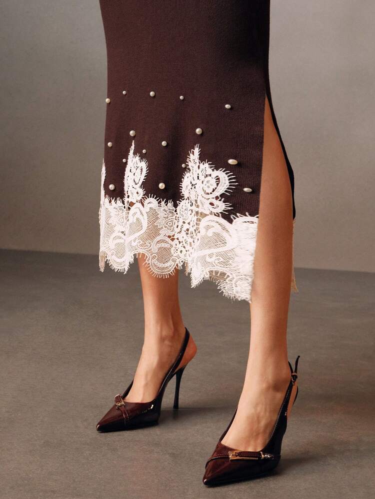 Brown High-End Randomly Studded & Lace Trim Fashionable Elegant Fitted Women Sweater Skirt, Winter