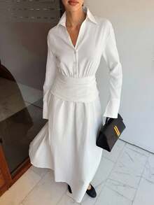 Siren Gaze 2025 年秋季女装新款必备单品，Old Money 风格白色纽扣衬衫裙 - 长袖，棉麻材质，透气舒适，带衬里且不透明，优雅通勤连衣裙，适合商务休闲、工作、教师、日常穿着，非常适合秋季婚礼宾客和夜间外出，2025 年秋季时尚必备单品 - 白色 - 查看 2