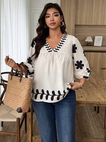 Weeklong Plus Size Women's V-Neck Floral Print Casual Vacation Shirt, Spring/Summer - Multicolor - View 3