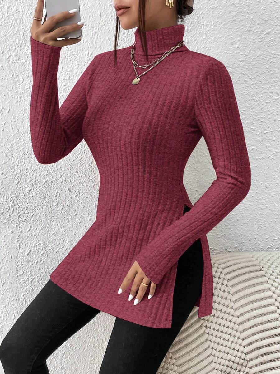 SHEIN Frenchy Áo thun tay dài cổ lọ xẻ tà màu trơn đơn giản, thu/đông - Màu Đỏ Sâu - Xem 1