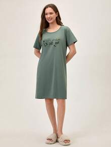 Women Contrast Colour Cute Animal Prints Basic Homewear Sleepdress - Green - View 3