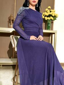 Modelyn Women's Elegant Party Pearl Embellished Dress - Purple - View 7