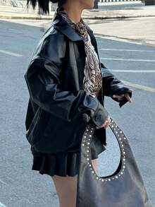 INAWLY 女士黑色时尚机车休闲宽松长袖皮夹克，秋冬外套 - 黑色 - 查看 7