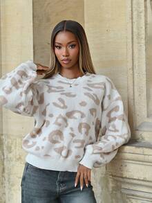 Mima John Women's Loose Drop Shoulder Casual Leopard Print Sweater, Autumn/Winter,Long Sleeve Tops Knit Pullover Fall Outfit - Multicolor - View 3
