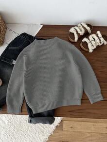 SHEIN LMoss Kids 男童可爱小熊图案落肩圆领套头毛衣，舒适休闲，适合居家、户外、上学、秋冬季穿着。 - 灰色 - 查看 2