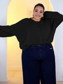 Pretty and Ole 大码休闲黄色宽松基本款开衫黑色开衫女式灯笼袖开衫大码黑色开衫女式黑色针织开衫黑色纽扣开衫秋冬女装 - 黑色 - 查看 9