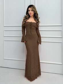 Jemour 女士露肩长袖前系带修身连衣裙，新年女士连衣裙，新年派对连衣裙，情人节 - 棕色 - 查看 6