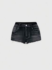 ROMWE J-Fashion 复古Y2K朋克风低腰超短拉链铆钉口袋刺绣女式牛仔短裤 - 藍色 - 查看 2