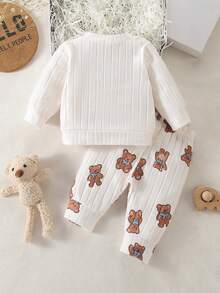 Newborn Apricot-Colored Bear Figurine Printed Long-Sleeved Top Matched With Printed Pants, 2 Pieces Set. New Autumn Style. Comfortable Fabric, Cute And Casual Style. Boys And Girls Can Wear It - Apricot - View 2
