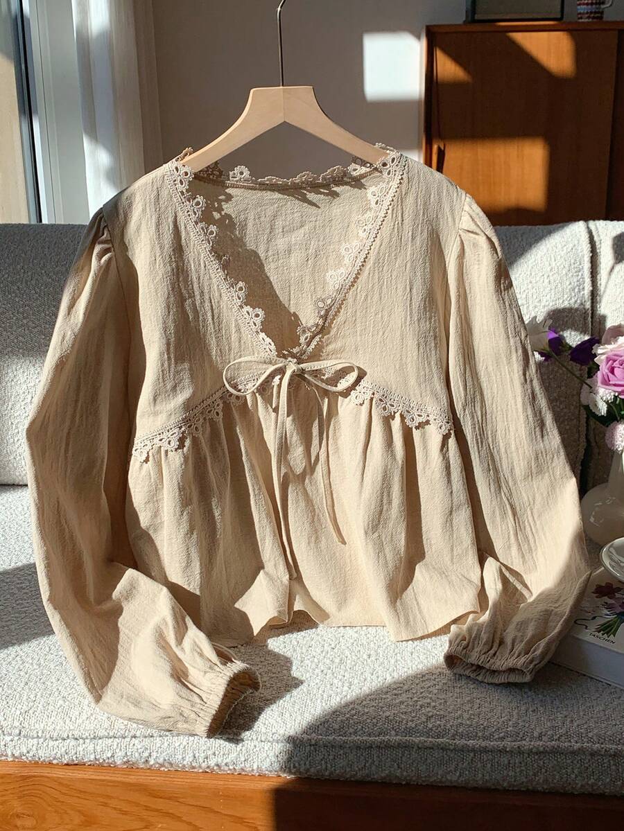 Comfortcana Áo cánh ren trơn màu đơn sắc dành cho nữ, mùa thu - Màu be - Xem 1