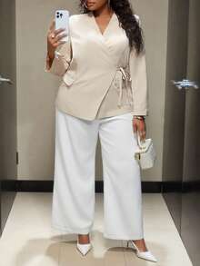 Truni Elyhuante_03 Plus Size Solid Color Tie Side Blazer In Fall/Winter, For Pear Triangle Body Shape - Black - View 6