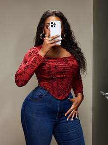 Truni Plus Size Women's Long Sleeve Crew Neck T-Shirt Top, Flocked Floral Pattern Waist Fitted Top, For Pear Triangle Body Shape - Red - View 6