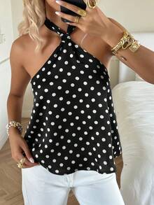 SHEIN EZwear Women's Fashionable Sexy Polka Dot Backless Halter Neck Top - Black and White - View 1