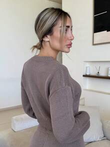 Mélanie ORL 2pcs/Set Women's Woolen Loose Home Two Pieces Long Sleeve Casual Sweater And Pants Set Comfortable Simple Solid Button-Down Cardigan And Pants,Women's Fall Clothes ,Petite Women - Brown - View 2