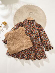 Cozy Pixies Baby Girl Floral Print Round Neck Long Sleeve Dress With Thermal Lined Sleeveless Vest 2-Piece Set Toddler Winter Dresses Baby Girl Dress Fall Baby Girl Clothes Spring Fall 2pcs Set Baby Girls Cute Vintage Style Floral Boho Toddler Dress