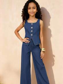 Travachic KIDS Travachic KIDS 青少年女孩春夏休闲街头时尚纯色 V 领无袖背心和宽松直筒裤牛仔两件套、夏季海滩波西米亚风度假短裤、夏季音乐会节日休闲狂欢装、女孩夏季早午餐毕业装 - 淺色水洗藍 - 查看 1