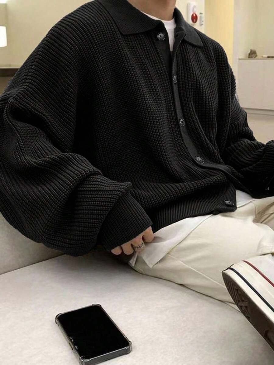 Claim Dot Cardigan casual de punto con botones de manga larga y hombros caídos de unicolor para hombre - Negro - Ver 1