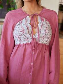 Lullawish Camisón largo de manga larga con parches de color contrastante y lazo para mujer, vestido de casa, lencería de encaje, ropa de dormir tipo babydoll con botones delanteros, para invierno - Rosa vieja - Ver 6