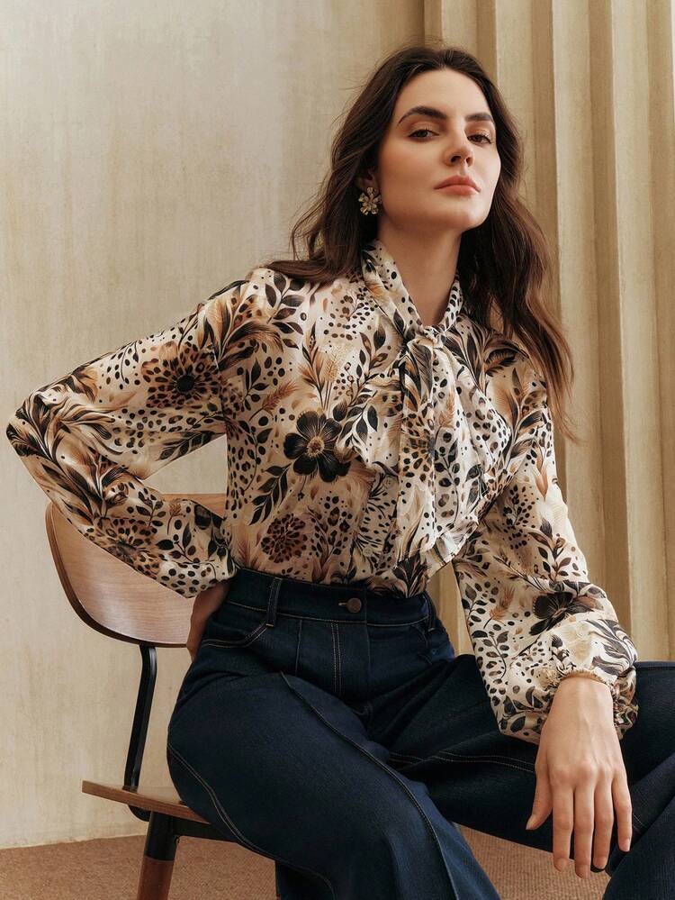 Fashionable, Versatile & Elegant Printed Tie-Up Long Sleeve Women Blouse