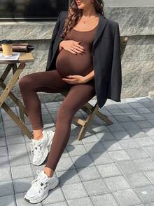 SHEIN Maternity Solid Color Camisole Jumpsuit - Brown - View 1