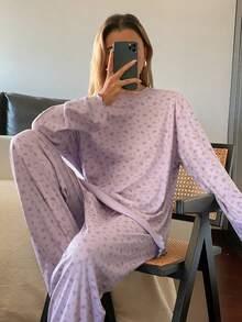 DAZY 2 piezas Conjunto de pijama de manga larga holgado y cómodo con estampado floral diminuto para mujer, ropa de invierno - Púrpura malva - Ver 5