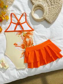 SHEIN Vintaside Kids 1件装女童连体泳衣/随机印花 - 彩色 - 查看 2