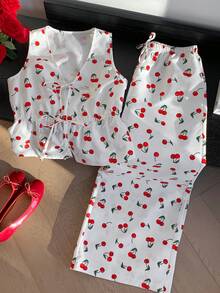 Comfortcana 女士休闲樱桃印花系带上衣和短裤两件套，夏季 - 彩色 - 查看 5