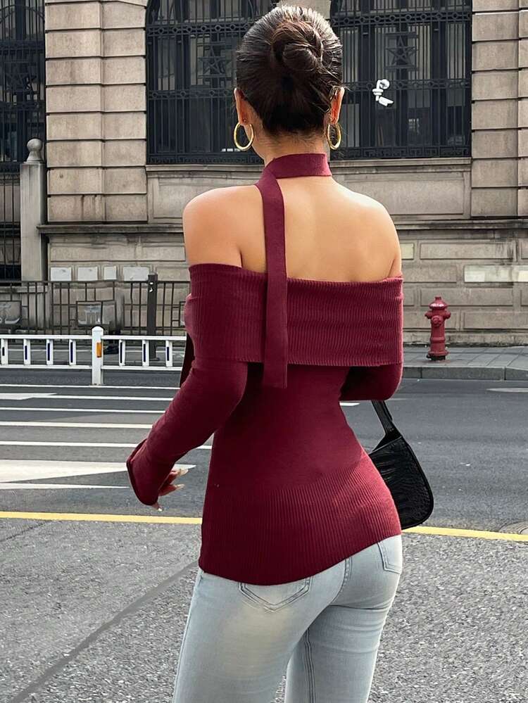 Women's Casual Off Shoulder Flared Sleeve Sweater, Autumn/Winter Y2k
