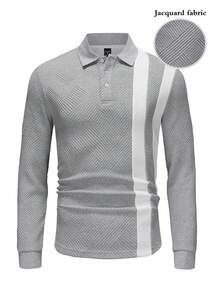 Manfinity Homme 男士长袖条纹休闲通勤 Polo 衫 男士针织衫 男士长袖 Polo 衫 男士纽扣针织 Polo 衫 白色和灰色衬衫 男士橄榄球长袖衫 - 灰色 - 查看 4