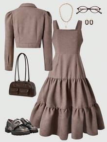 MODELY 少女两件套：灯芯绒短款外套 + 修身吊带连衣裙，适合秋冬季休闲、通勤、度假穿着 - 鏽棕色 - 查看 2