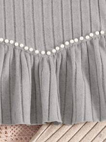 Sparklyn 2pcs/Set Girls Elegant Beaded Knit Ribbed Fluffy Puff Sleeve Top And Simple Knit Pants Casual Outfit, Autumn/Winter - Grey - View 7