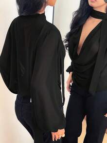 SHEIN EZwear 女士纯色V领围巾系带长袖时尚衬衫 - 黑色 - 查看 2