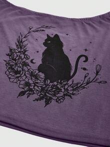 ROMWE Fairycore 女士休闲不对称领口黑猫与花卉印花宽松落肩短款 T 恤，夏季