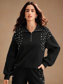 Anewsta Fashionable Embellished Beaded Loose Fit Pullover Sweatshirt, Grey, For Women, Autumn/Winter, Christmas - Black - View 4