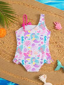 Baby GirlDreamy Mermaid One-Piece Swimsuit With Ruffled One Shoulder Strap 2 Year Old Girl Swimsuit Baby Girl Swimwear Girl Swimsuit Mermaid Cute Girl Swimsuit Mermaid Swimsuit Girl Swimming Costume For Girl 2 Years Old Girl Swimsuit Baby Girl Swimwear, Beach Swimwear For Baby Girl, Summer Vacation, Pool Party - Multicolor - View 3