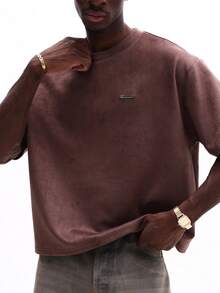 SUMWON Áo thun nam Box Fit cổ tròn in chữ Studios thêu ngực, tay ngắn, phong cách thường ngày, đường phố - màu nâu - Xem 4