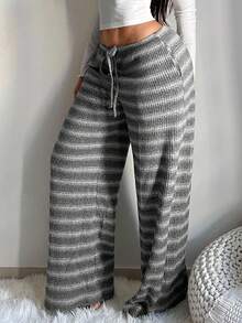 SHEIN SXY Plus Size Women's Comfortable Casual Simple Low-Waisted Drawstring Gray Wide-Leg Striped Pants Comfortable Home Pants - Grey - View 6