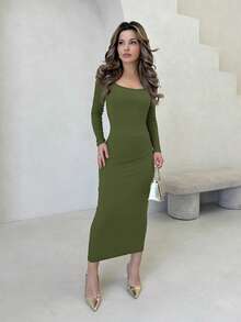 Jemour Autumn Wear Solid Color Square Neck Tight Black Long-Sleeved Dress - Army Green - View 4