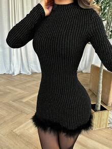 Jemour Women's Solid Color Stand Collar Long Sleeve Furry Trim Fitted Elegant Dress,Fall