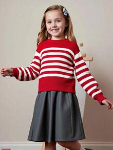 PrepCrw 1pc Tween Girls Red And White Stripe Pullover Sweater,Elegant Crew Neck Warm Comfortable Knitwear For School,Autumn,Casual Outings,Christmas Parties - Red and White - View 7