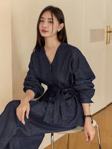 Dazy-Less 女士休闲纯色纽扣牛仔上衣和阔腿牛仔裤套装，秋季商务休闲女装 - 藍色 - 查看 7