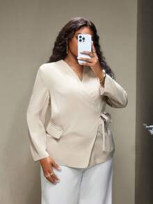 Truni Elyhuante_03 Plus Size Solid Color Tie Side Blazer In Fall/Winter, For Pear Triangle Body Shape - Black - View 5