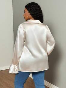 Truni Lacenleopard Plus Size Women Satin Long Sleeve Shirt, Button Detail, Lantern Sleeve, For Pear Triangle Body Shape - Apricot - View 2