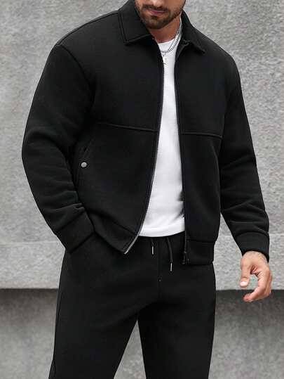 Manfinity CasualCool Men's Solid Color Drop Shoulder Long Sleeve Zip-Up Casual Minimalist Jacket Set